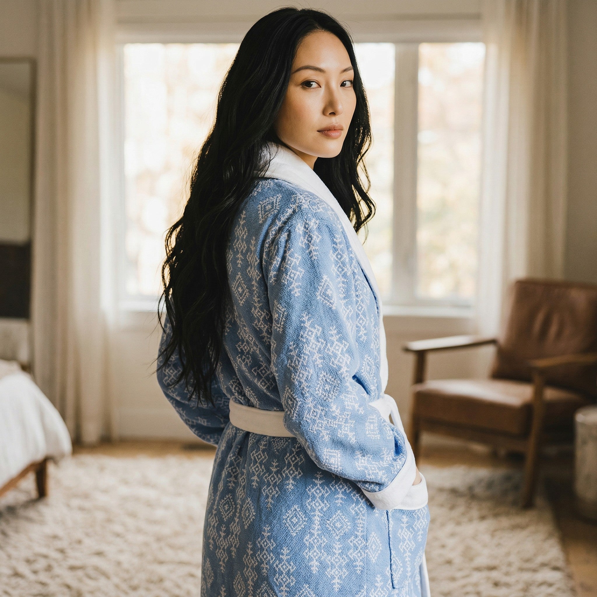 Bademantel „Valley“ mit Schalkragen – 100% Baumwolle, leicht & saugfähig – Damen & Herren Morgenmantel, Saunamantel, Hamam Bademantel, schnelltrocknend