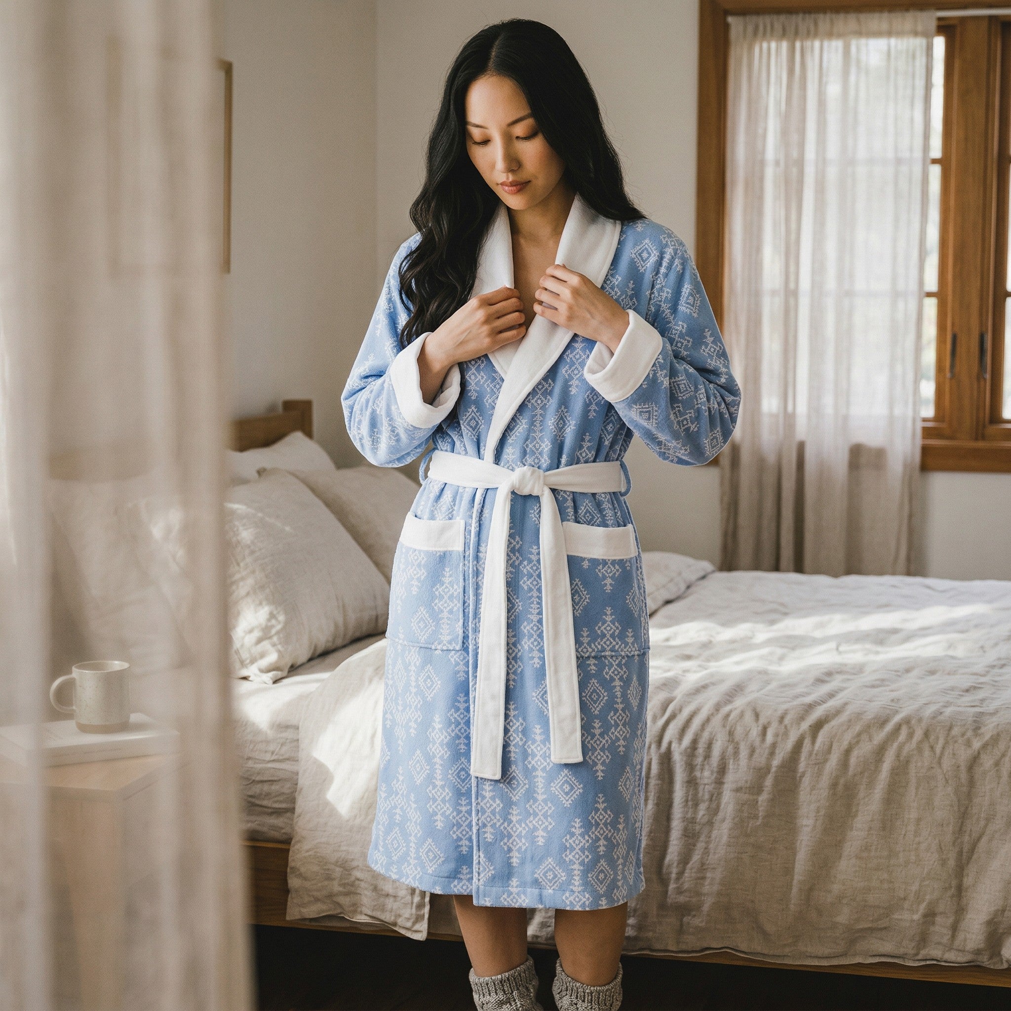 Bademantel „Valley“ mit Schalkragen – 100% Baumwolle, leicht & saugfähig – Damen & Herren Morgenmantel, Saunamantel, Hamam Bademantel, schnelltrocknend