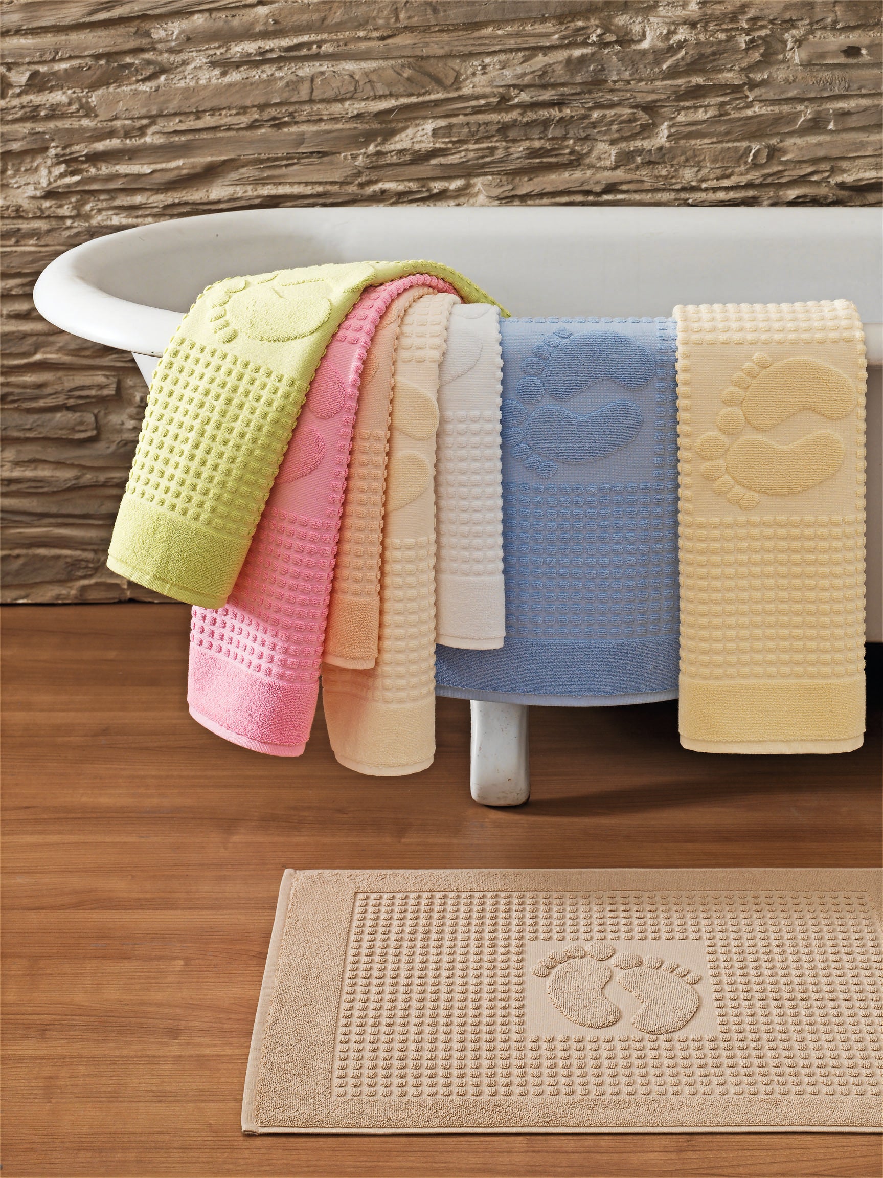 Set of 3 cotton bath mats 'Feet' made of terry cloth (5 colours)